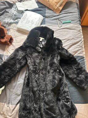 H&M Black Faux Fur Long Coat with Plush Collar